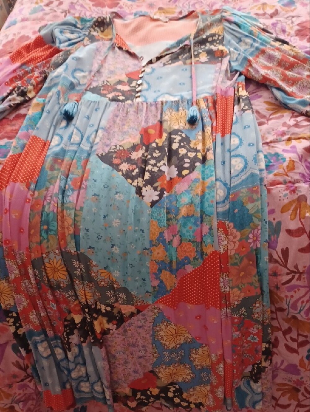 Spell Patchwork Long Sleeve Maxi Dress in Blue, Pink, Red - Picture 4 of 11